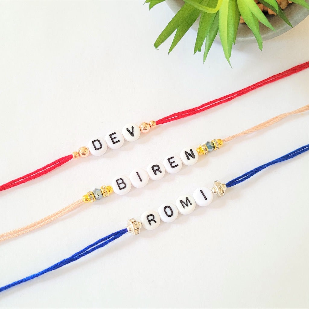 Personalised Rakhi/Rakhri, Raksha Bandhan white and black Letter Beads 2023