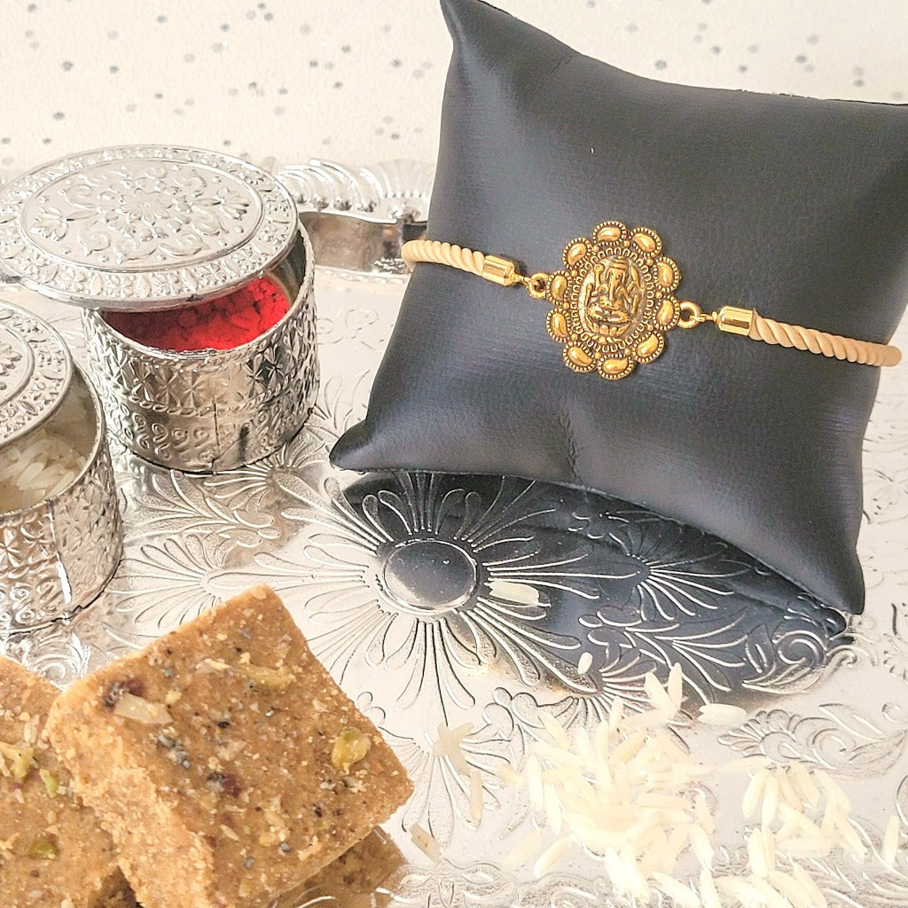 Gold Rakhi Adjustable Bracelet Lord Gajanan Pendant