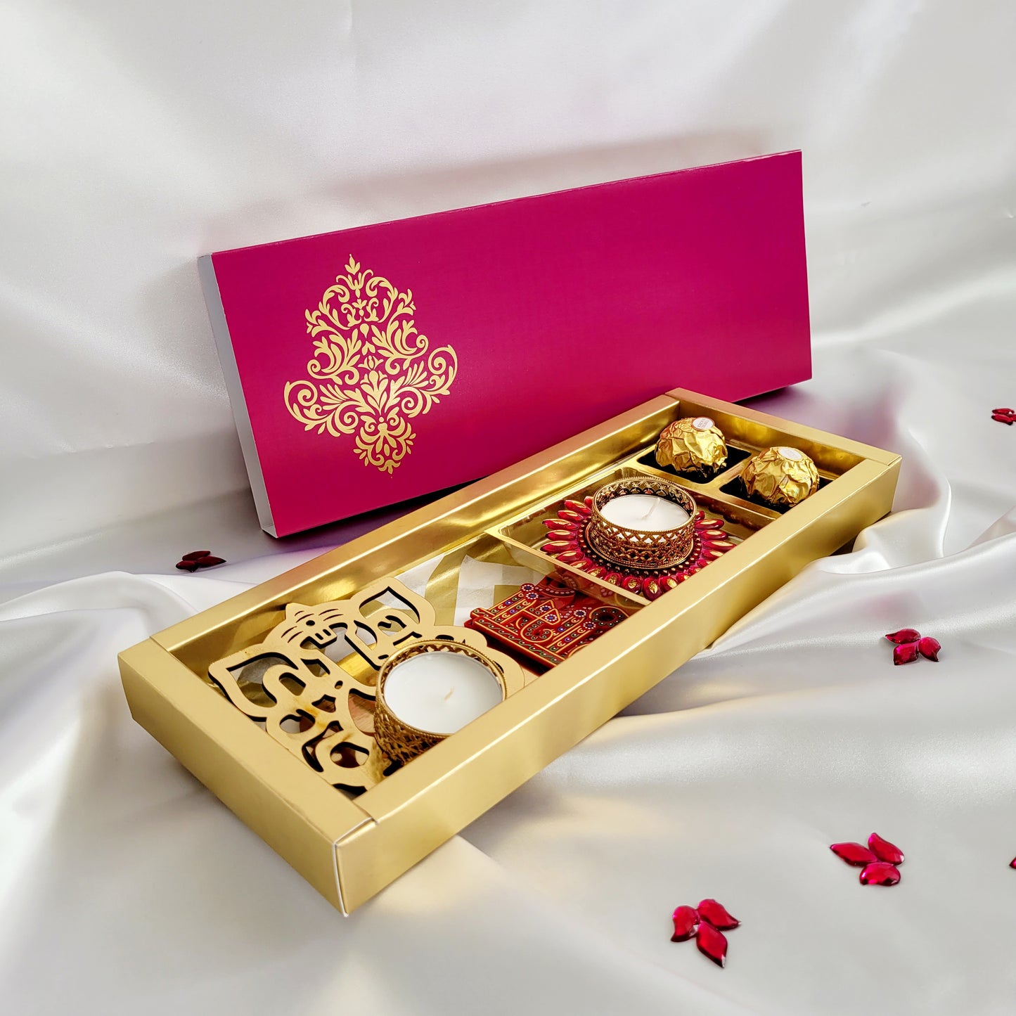 Diwali Hamper with Chocolates Fancy Decoration Diya Shubh Labh Symbols And Ganesh Shadow Diya