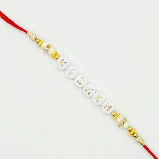 Personalised Rakhi/Rakhri, Raksha Bandhan, Gold and White Letter Beads