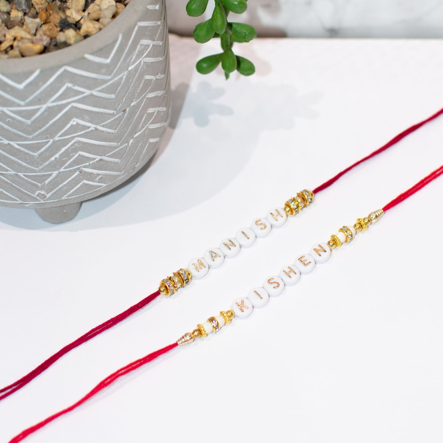 Personalised Rakhi/Rakhri, Raksha Bandhan, Gold and White Letter Beads