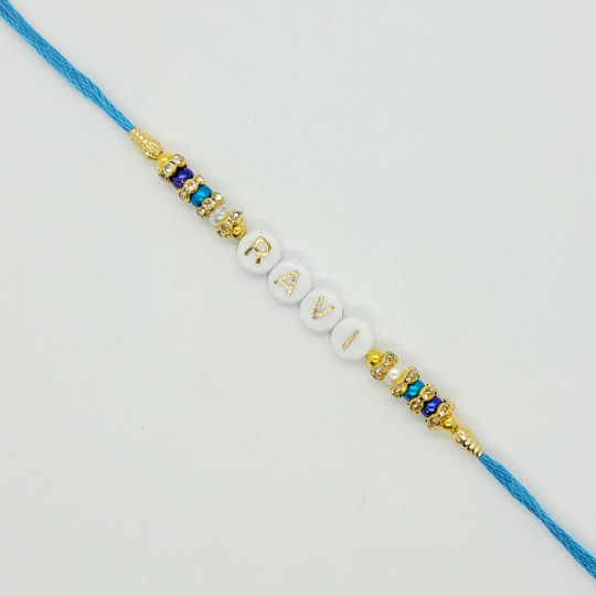 Personalised Rakhi/Rakhri, Raksha Bandhan, Gold and White Letter Beads