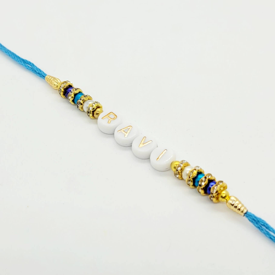 Personalised Rakhi/Rakhri, Raksha Bandhan, Gold and White Letter Beads