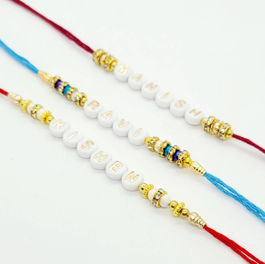 Personalised Rakhi/Rakhri, Raksha Bandhan, Gold and White Letter Beads