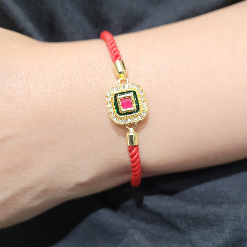 Adjustable Bracelet Rakhi - Diamond & Ruby Style Stones Style
