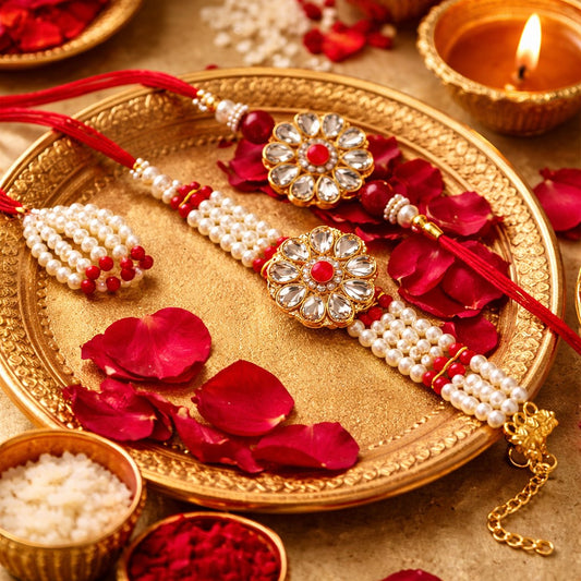 Bhai Bhabhi Elegant Pearl Rakhi Set – Designer Style Raksha Bandhan Rakhi