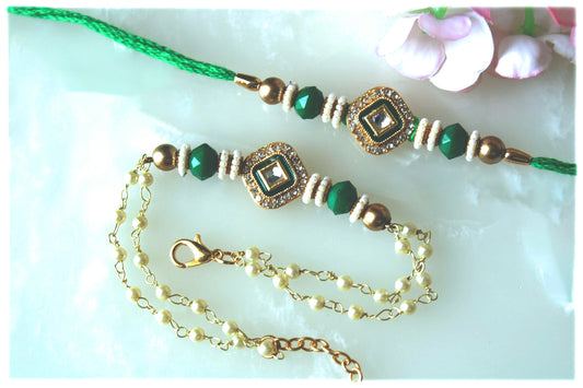 Bhai Bhabhi Emerald/Pearl Rakhi Sets - Designer Style