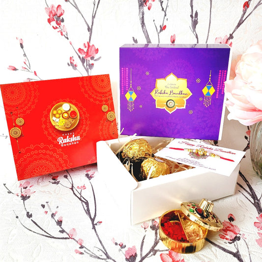 A simple & small Rakhi Set With Greetings & Chocolates