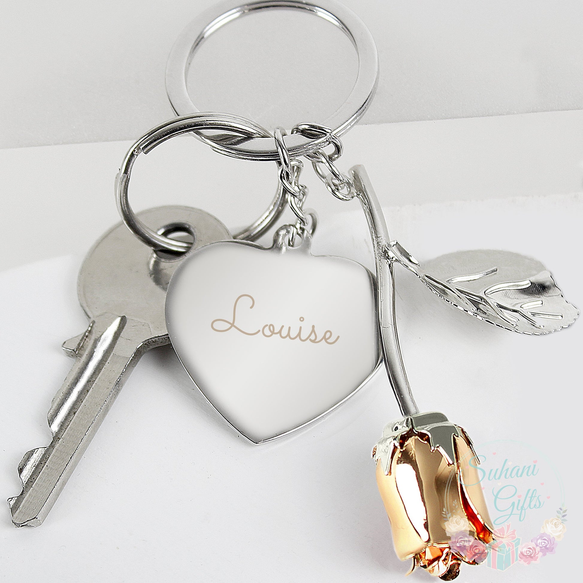 Personalised Silver Plated Name Rose Gold Rose Keyring - Suhani Gifts
