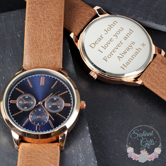 Personalised Mens Rose Gold Tone Watch with Brown Strap and Presentation Box - Suhani Gifts