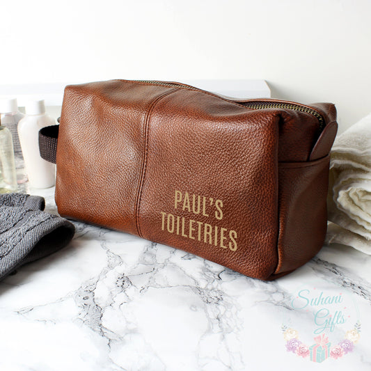 Personalised Luxury Brown leatherette Wash Bag - Suhani Gifts