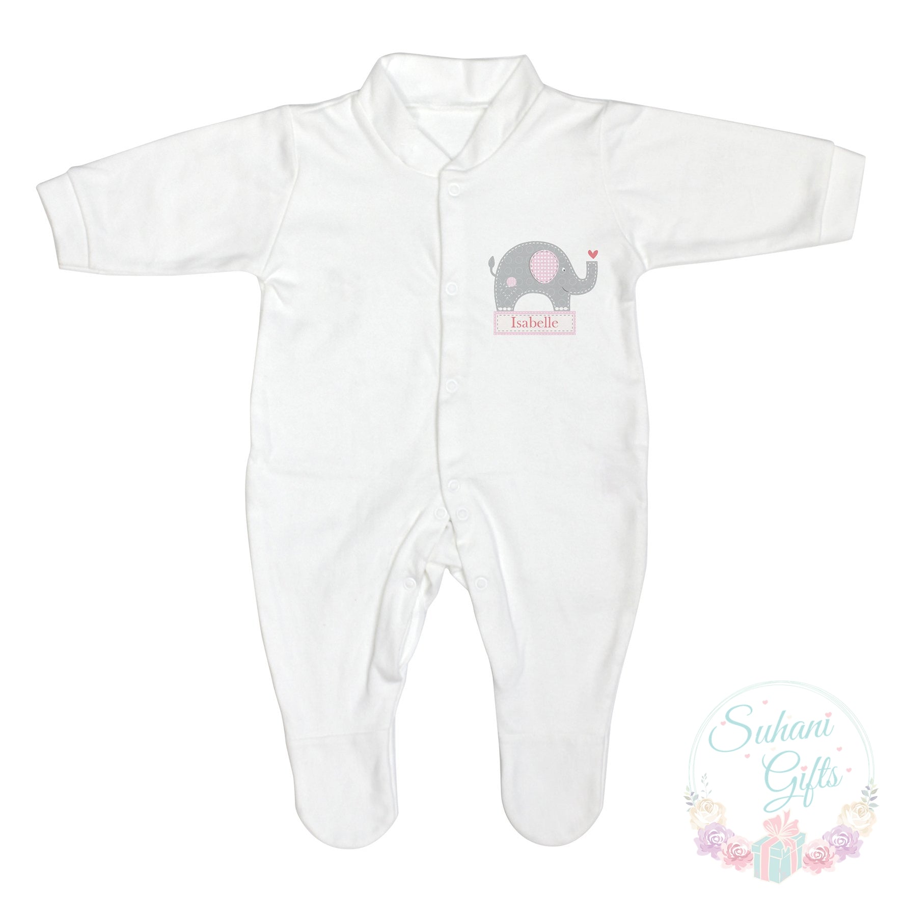 Personalised Pink Elephant 0-3 Months Babygrow - Suhani Gifts