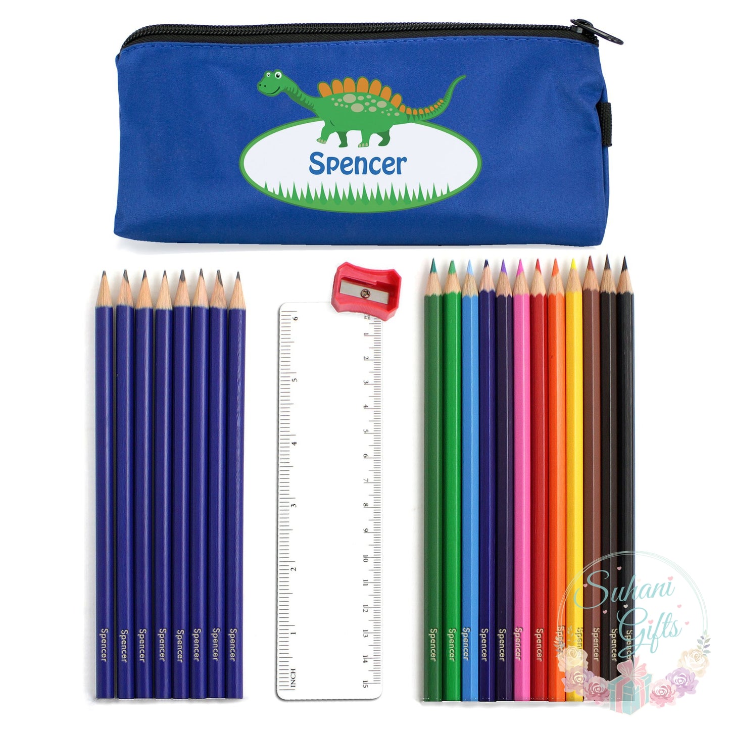 Blue Dinosaur Pencil Case with Personalised Pencils & Crayons-Suhani Gifts