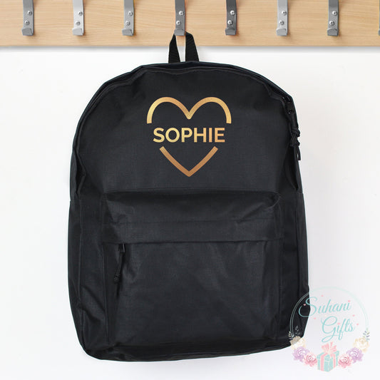Personalised Gold Heart Black Backpack-Suhani Gifts