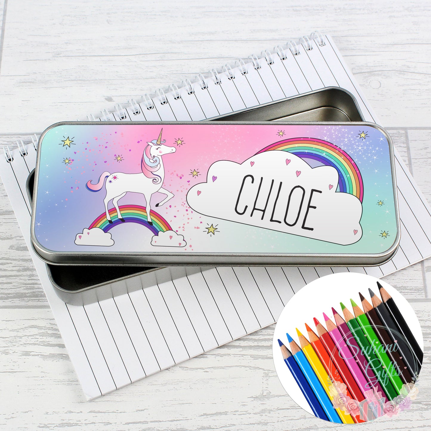 Personalised Unicorn Pencil Tin with Pencil Crayons-Suhani Gifts