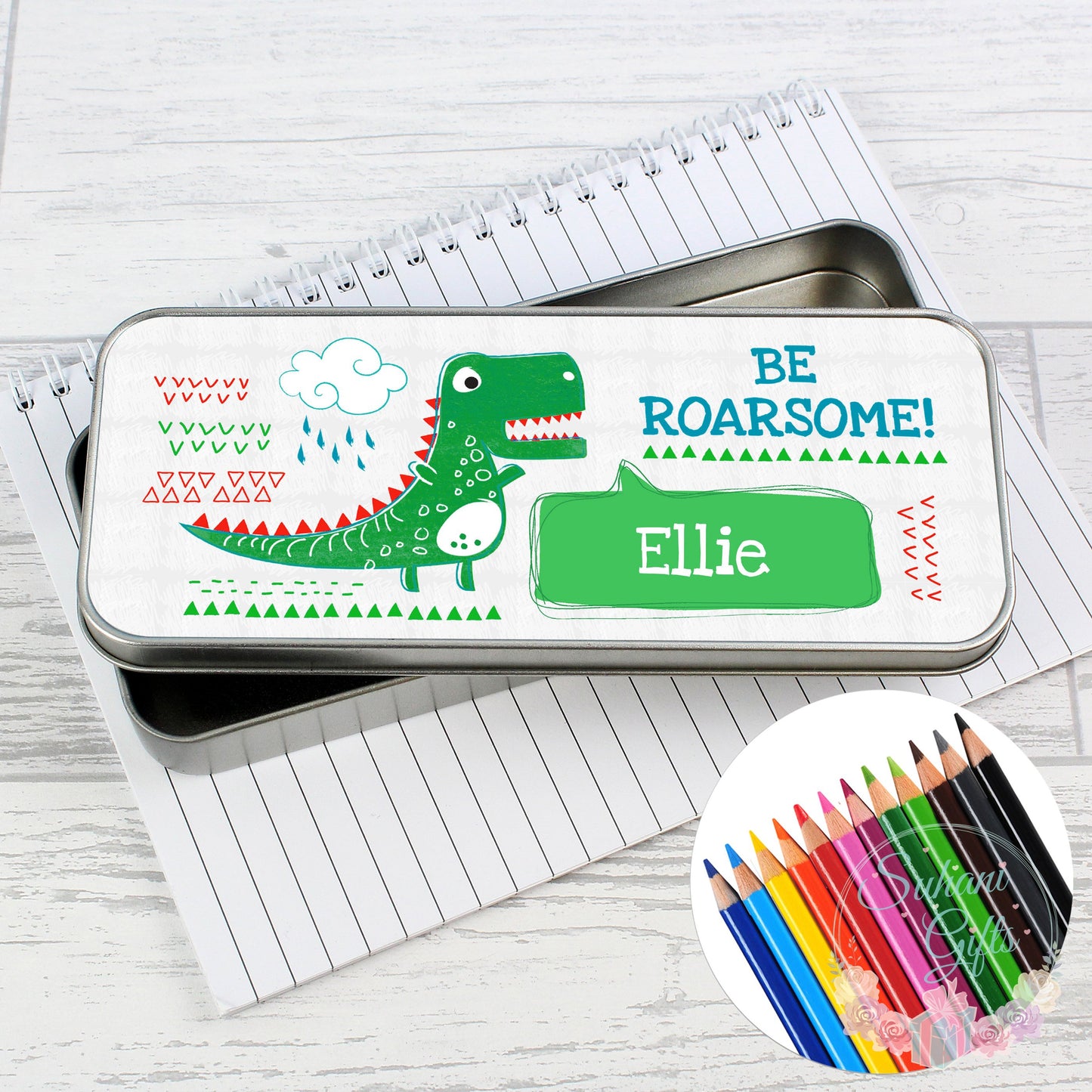 Personalised 'Be Roarsome' Dinosaur Pencil Tin with Pencil Crayons-Suhani Gifts