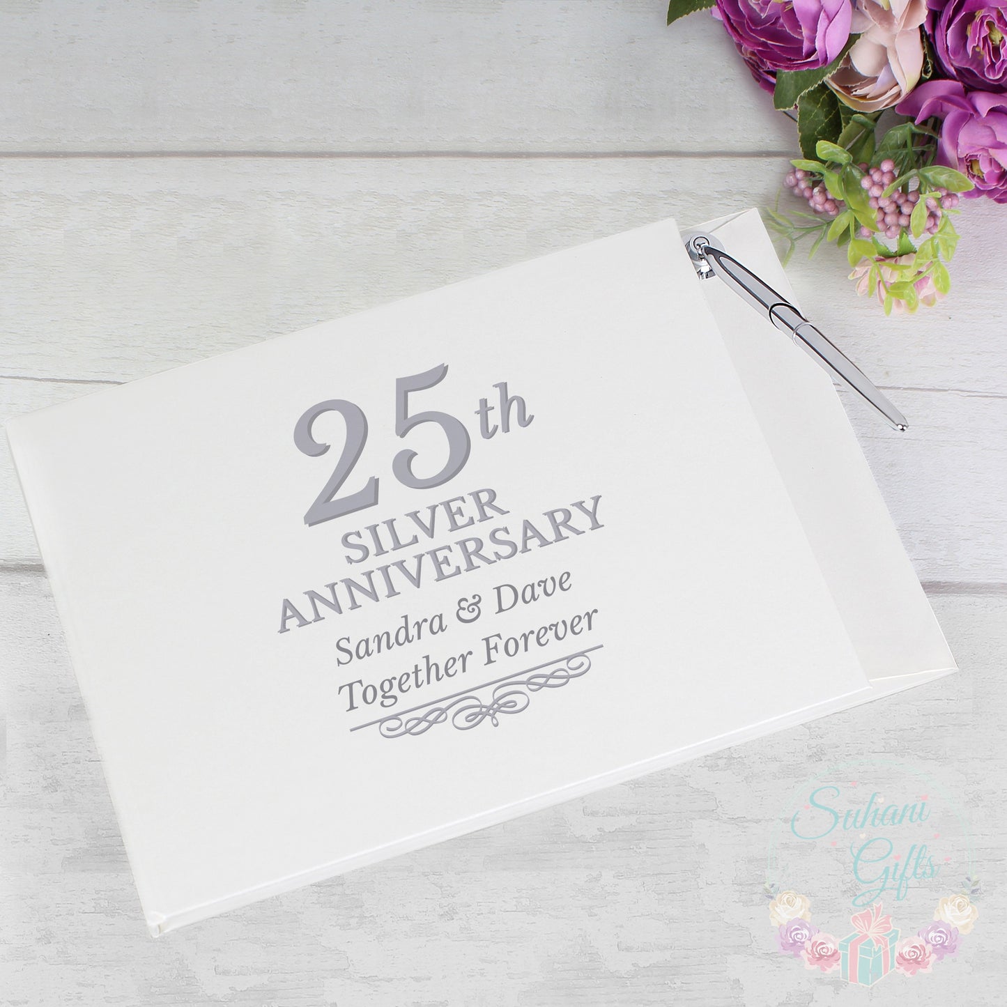 Personalised 25th Silver Anniversary Hardback Guest Book & Pen - Suhani Gifts