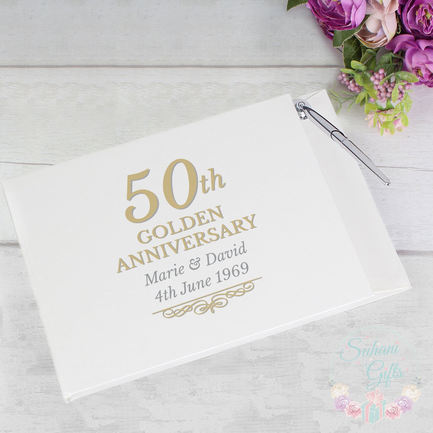 Personalised 50th Golden Anniversary Hardback Guest Book & Pen - Suhani Gifts