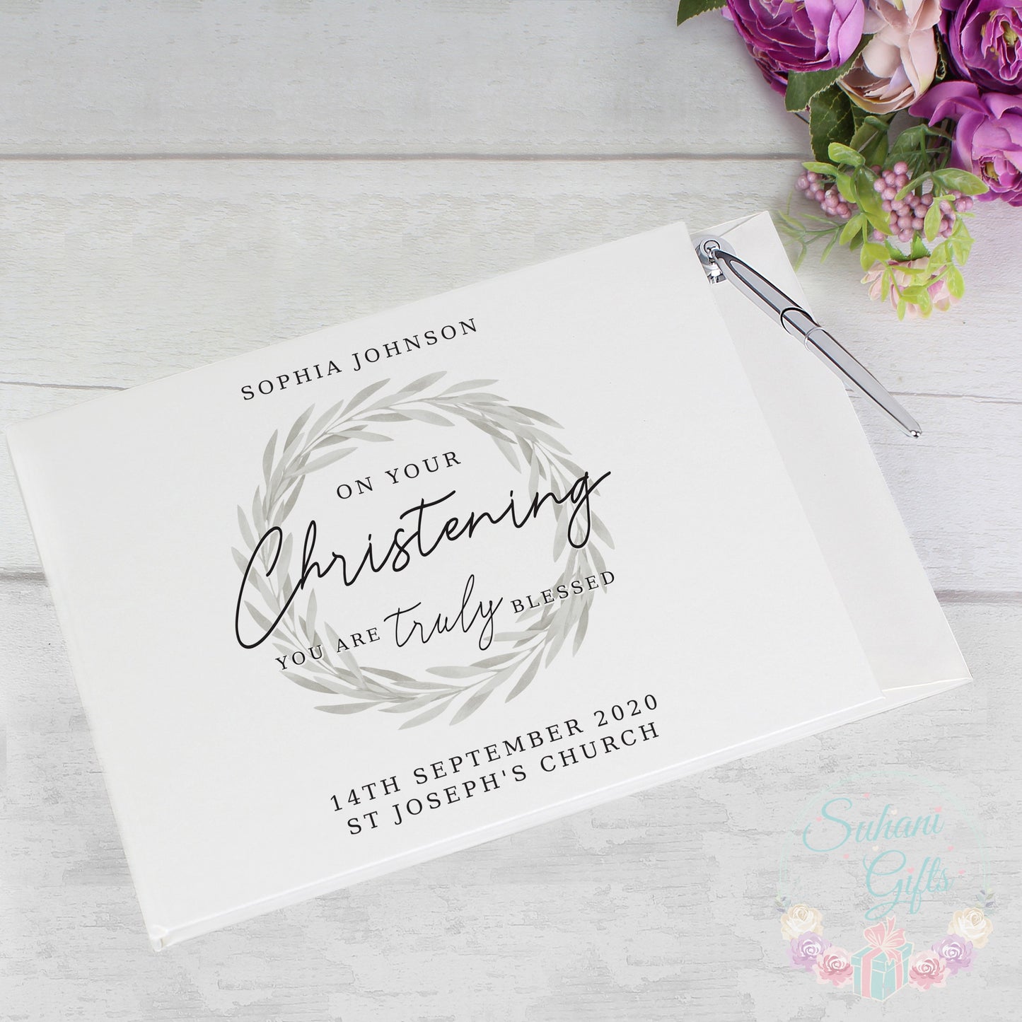 Personalised 'Truly Blessed' Christening Hardback Guest Book & Pen - Suhani Gifts