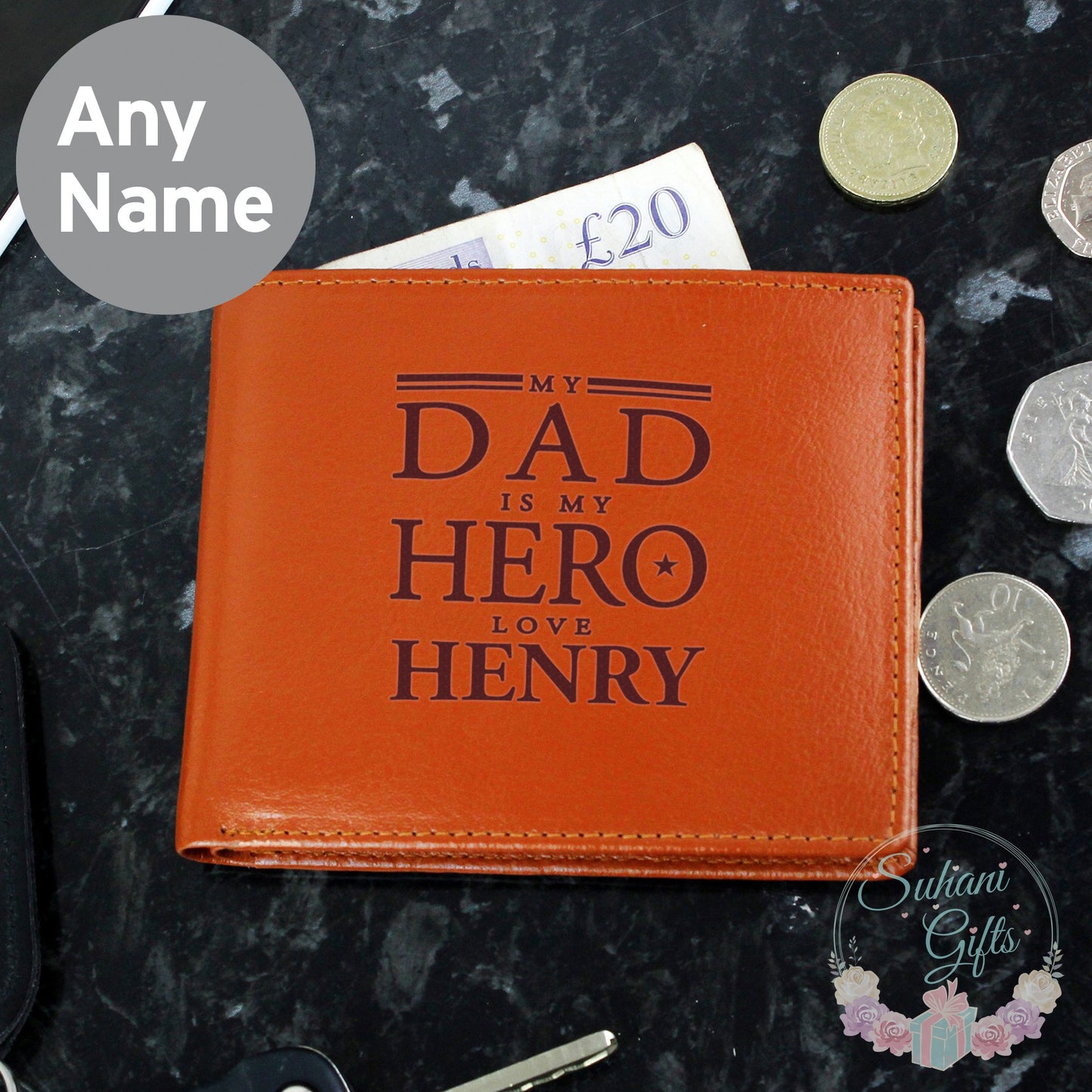 Personalised My Dad is My Hero Tan Leather Wallet - Suhani Gifts