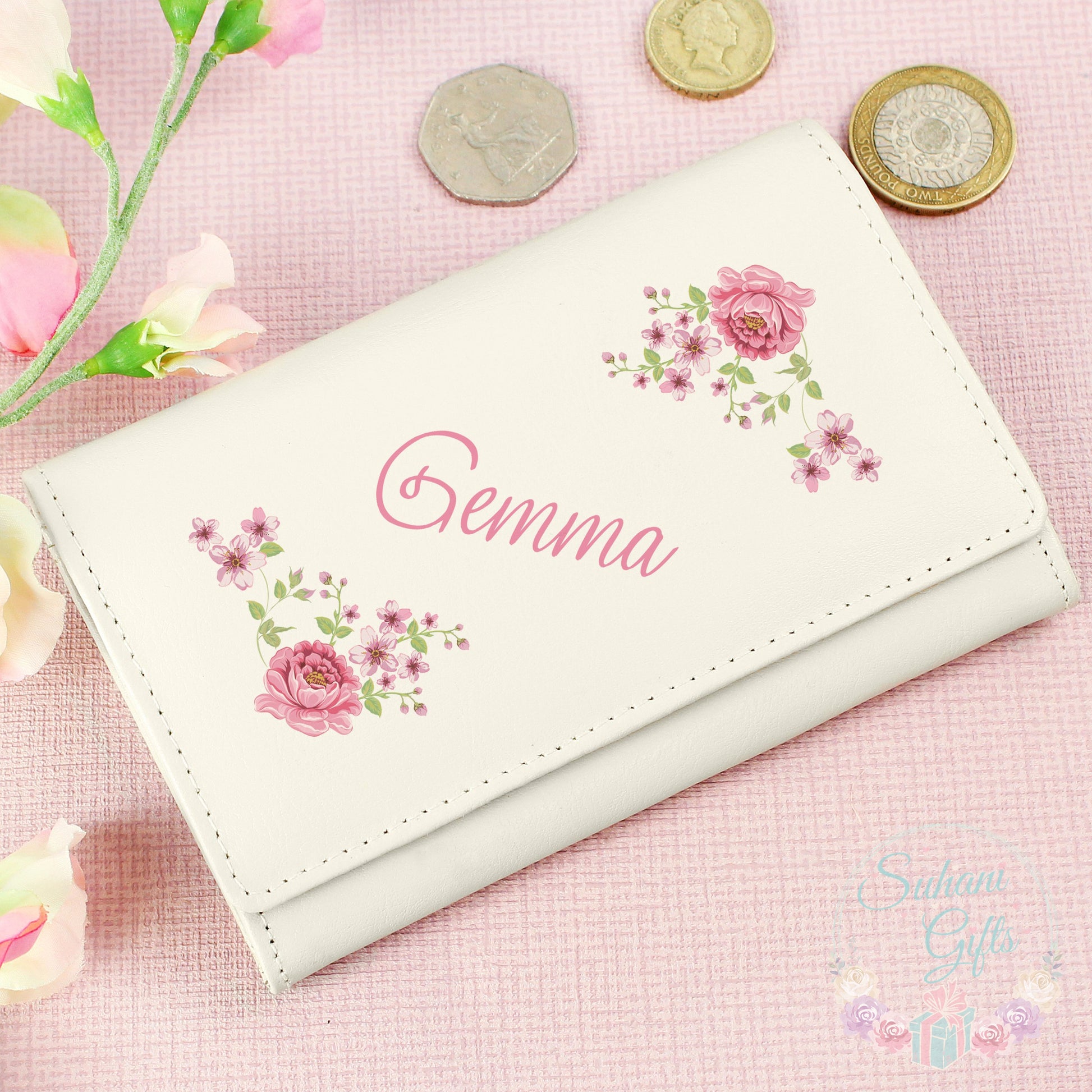 Personalised Floral Cream Leather Purse - Suhani Gifts