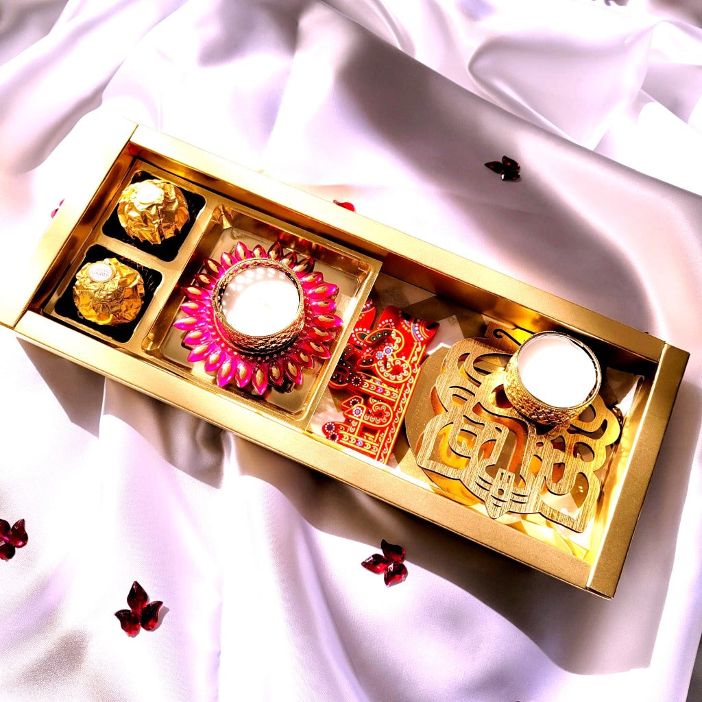 Diwali Hamper with Chocolates Fancy Decoration Diya Shubh Labh Symbols And Ganesh Shadow Diya